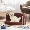 30" Brown Round Pet Sofa, Dog sofa, Dog bed, Cat Bed, Cat Sofa, with Wooden Structure and Linen Goods White Roller Lines on the Edges Curved Appearanc