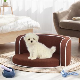 30" Brown Round Pet Sofa, Dog sofa, Dog bed, Cat Bed, Cat Sofa, with Wooden Structure and Linen Goods White Roller Lines on the Edges Curved Appearanc