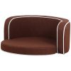 30" Brown Round Pet Sofa, Dog sofa, Dog bed, Cat Bed, Cat Sofa, with Wooden Structure and Linen Goods White Roller Lines on the Edges Curved Appearanc