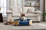 Scandinavian style Elevated Dog Bed Pet Sofa With Solid Wood legs and Bent Wood Back, Velvet Cushion,Mid Size,Dark Blue