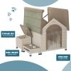 Outdoor fir wood dog house with an open roof ideal for small to medium dogs. With storage box, elevated feeding station with 2 bowls. Weatherproof asp